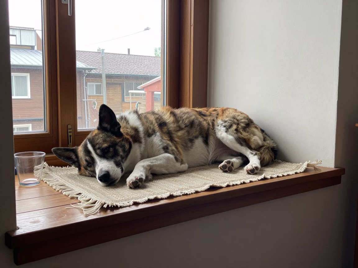 Hokkaido Dog on Window Seat in Multan Apartment in on a window seat in a quiet apartment with soft side light near Multan