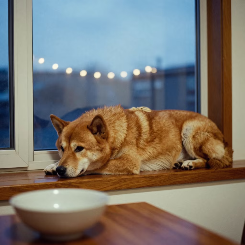 Hokkaido Dog on Window Seat in Wenzhou Apartment in on a window seat in a quiet apartment with soft side light in Wenzhou