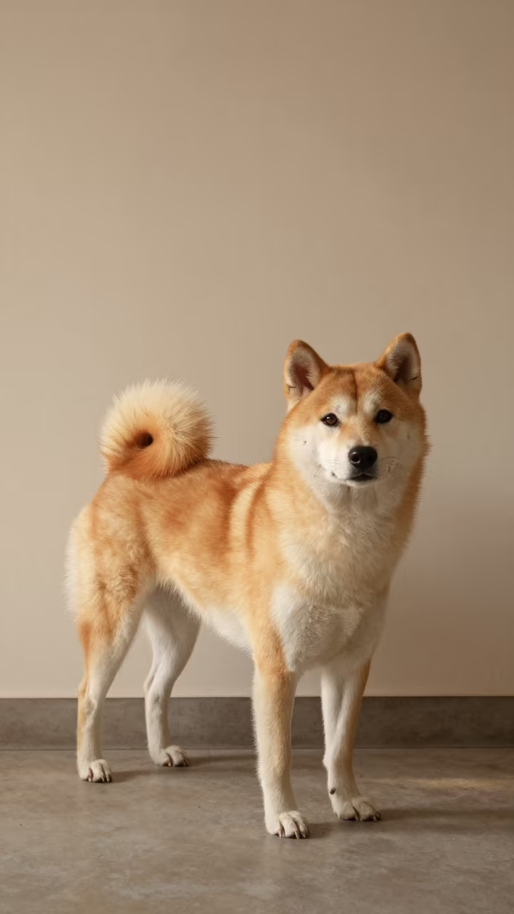 Hokkaido Dog Portrait Against Plain Wall in beside a plain plaster wall in soft indoor light with the animal centered in frame near Cleveland