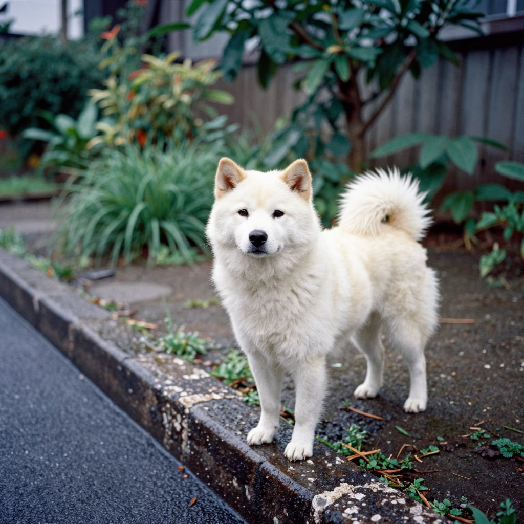 Hokkaido Dog Portrait Garden Morning Light in near a garden edge with soft morning light and an uncluttered background near Bokhtar