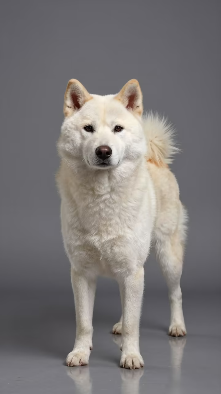 Hokkaido Dog Portrait in Autumn Studio Light in in a quiet portrait studio with a plain backdrop and eye-level framing in Gqeberha