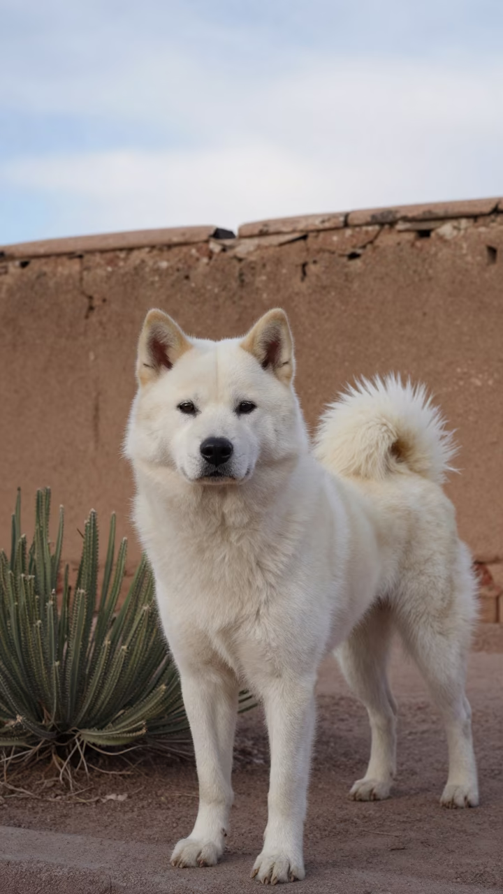 Hokkaido Dog Portrait in Hermosillo Garden Light in near a garden edge with soft morning light and an uncluttered background near Hermosillo