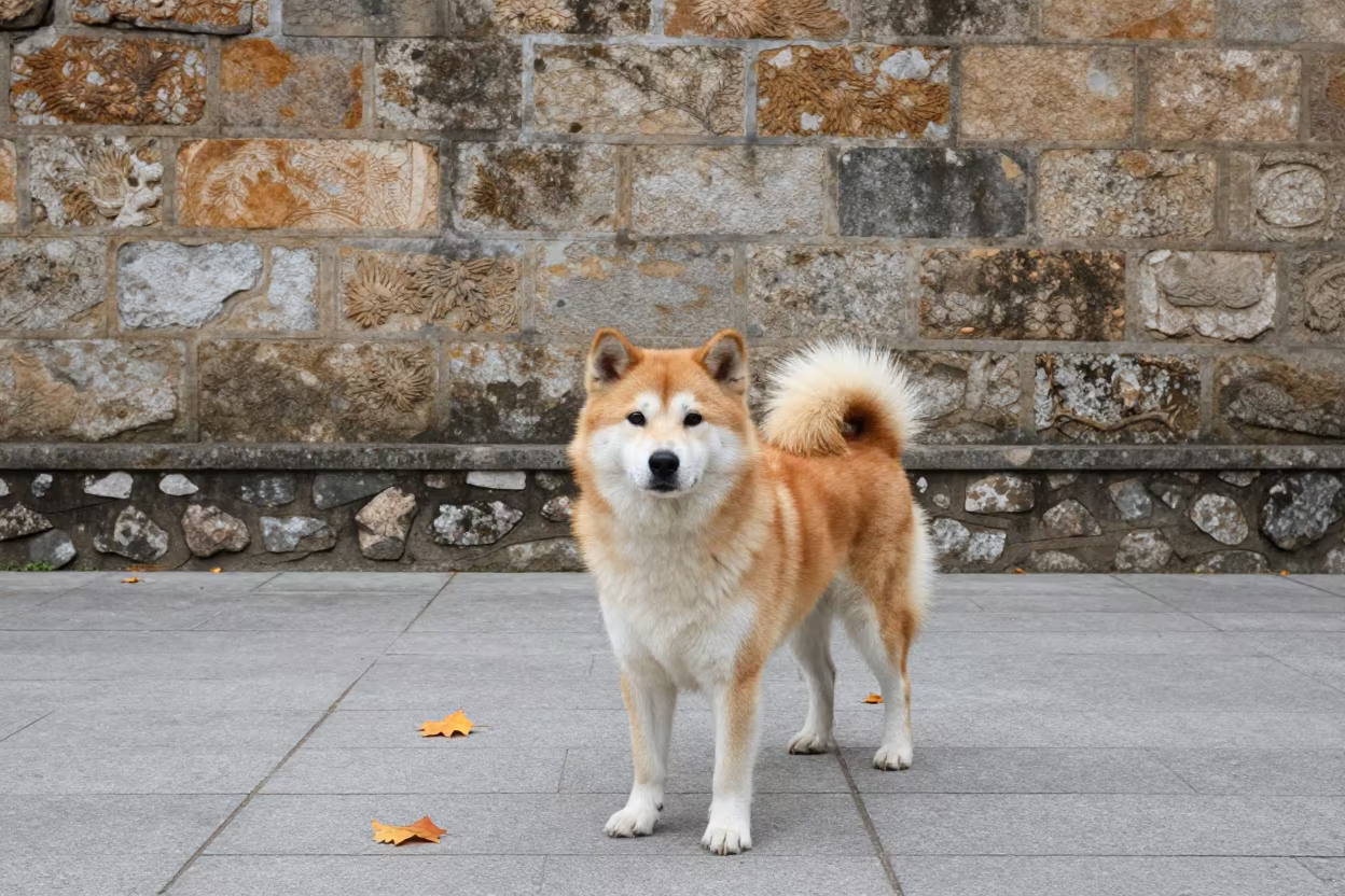 Hokkaido Dog Portrait in Oviedo Courtyard in beside a plain courtyard wall in clear daylight with the animal at eye level in Oviedo