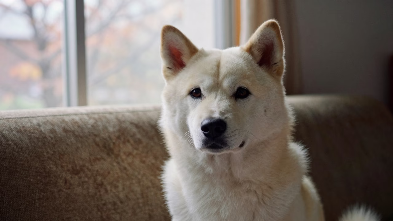 Hokkaido Dog Portrait on Sofa Near Window in on a sofa near a curtained window with calm indoor light near Cuauhtémoc