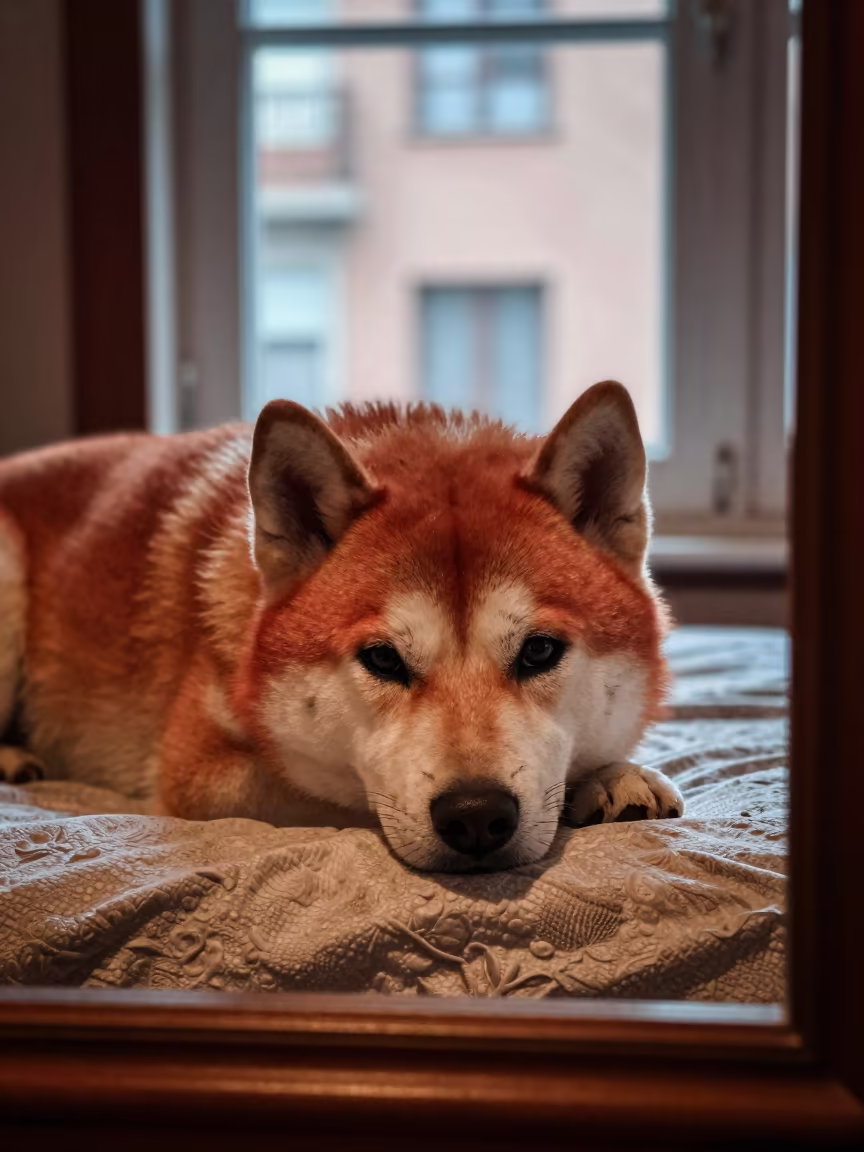 Hokkaido Dog Resting on Bedspread in Getafe Room in on a bedspread near a bright window with calm indoor light in Getafe