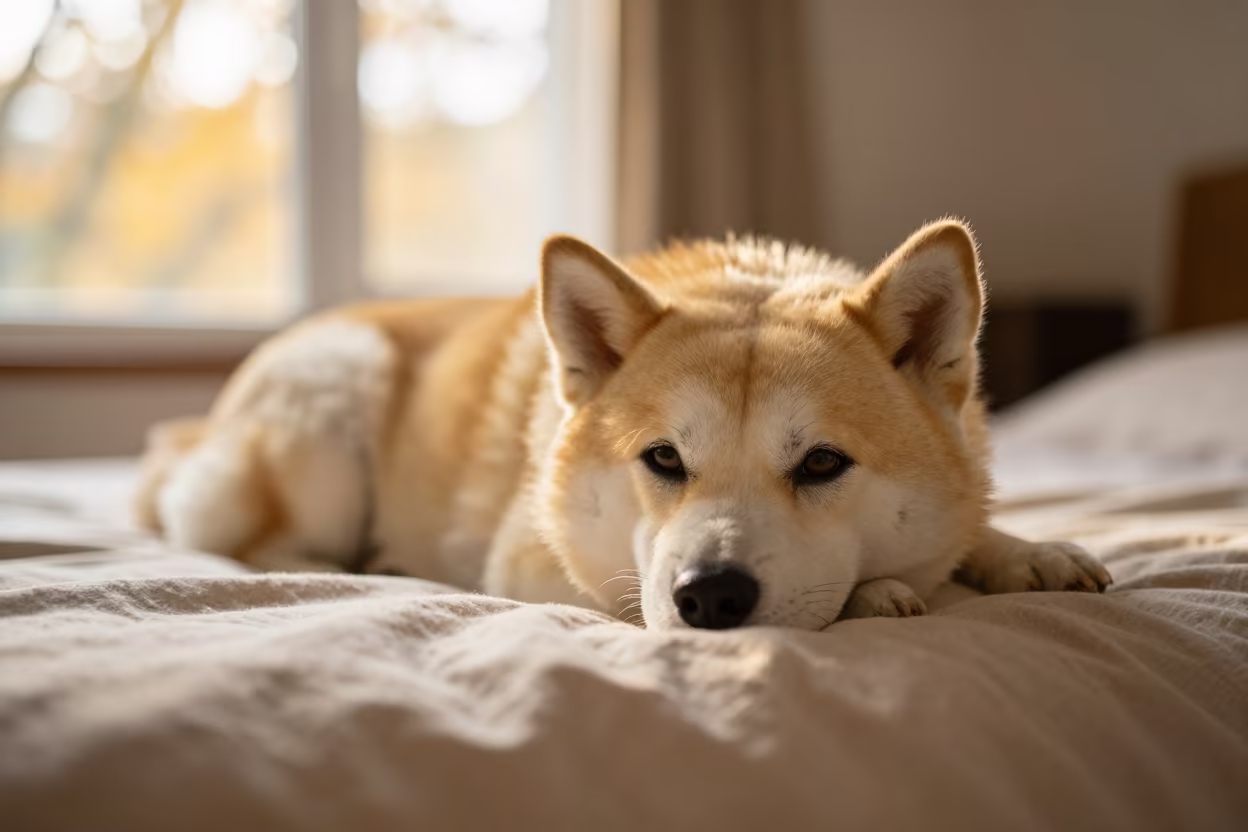 Hokkaido Dog Resting on Bedspread Near Window in on a bedspread near a bright window with calm indoor light in Guiyang