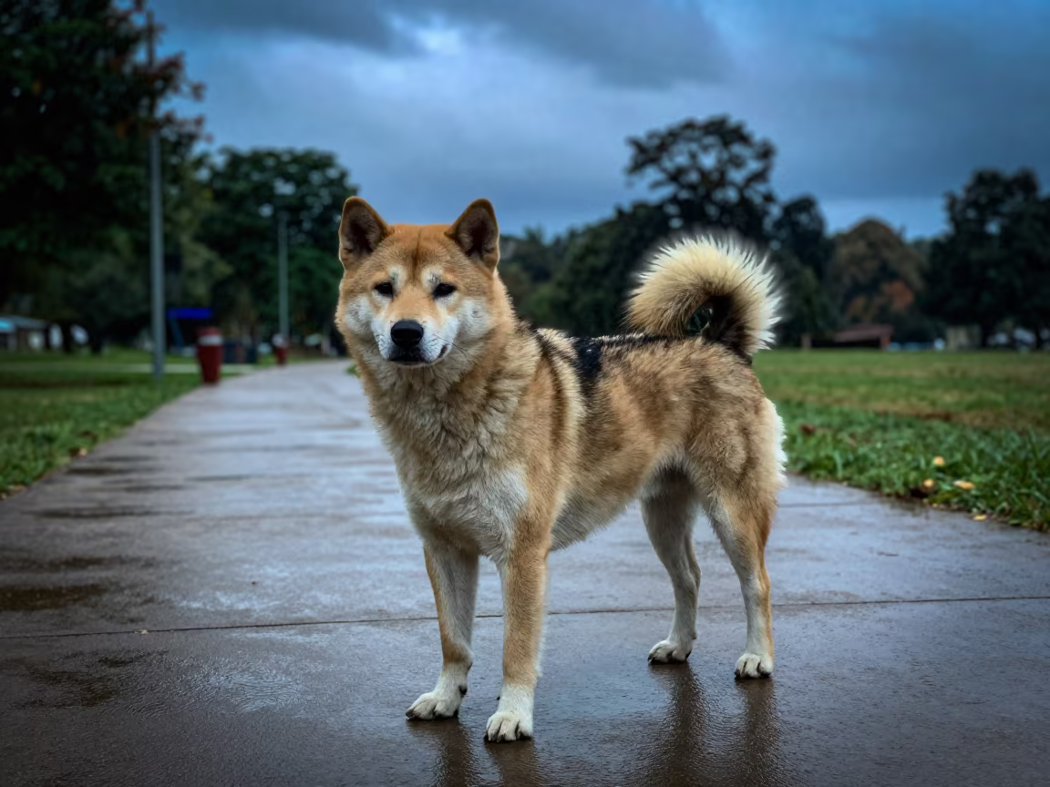 Hokkaido Dog Standing Quietly on Park Path in along a quiet park path with soft open shade and a clean background in Kampala