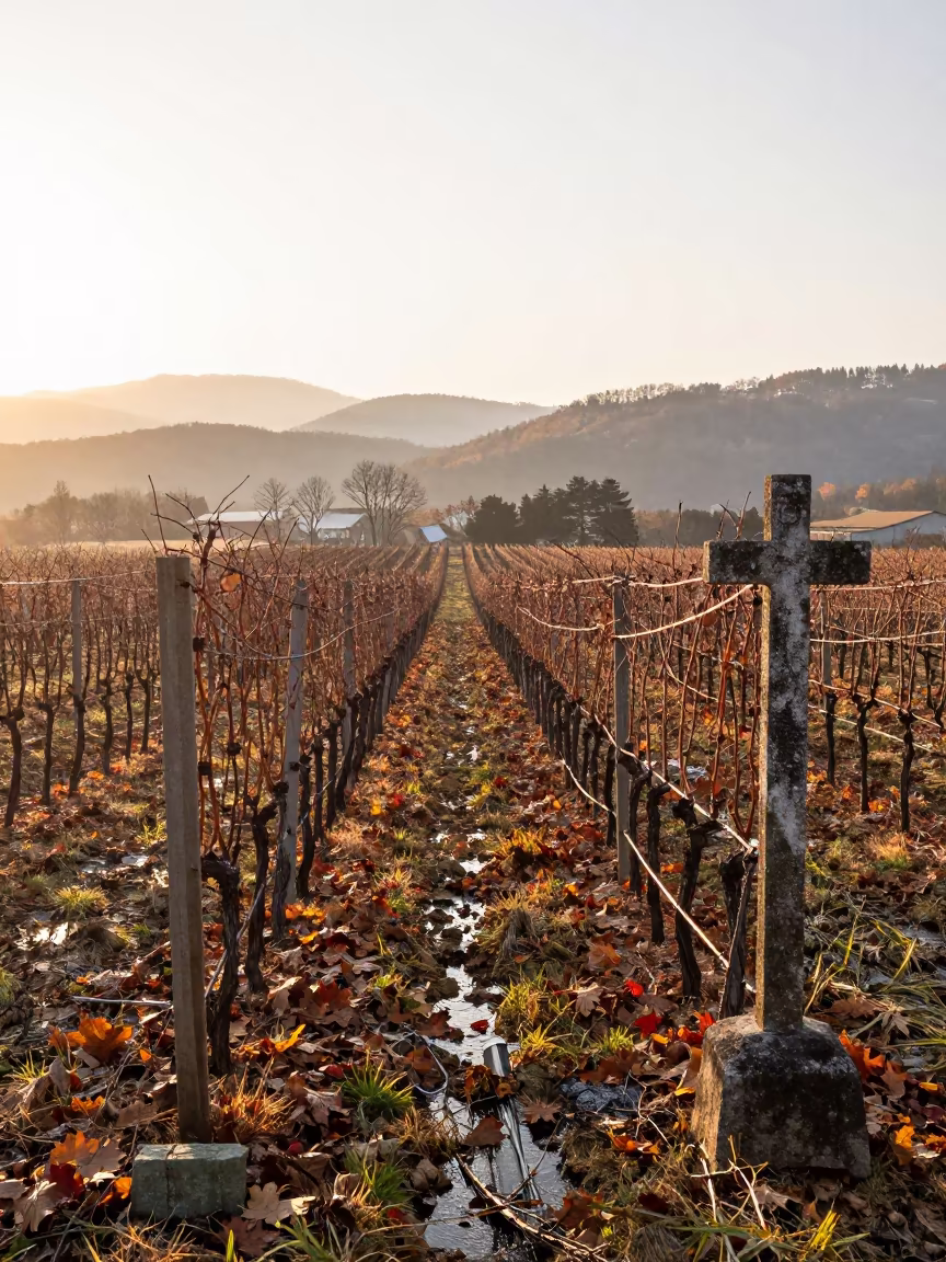 Hokkaido Monastery Vineyard Late Autumn Sunrise in between vineyard trellises in Hokkaido