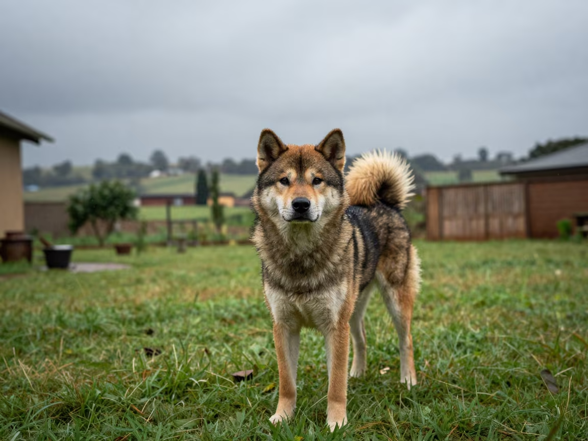 Hokkaido Portrait in Mbale Yard After Monsoon in in a small yard with clipped grass, calm light, and the animal centered in frame in Mbale