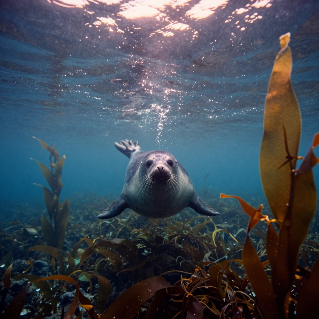 Hokkaido Seal Swimming Through Kelp in Cobalt Sunset in above a cold-water reef edge in Hokkaido