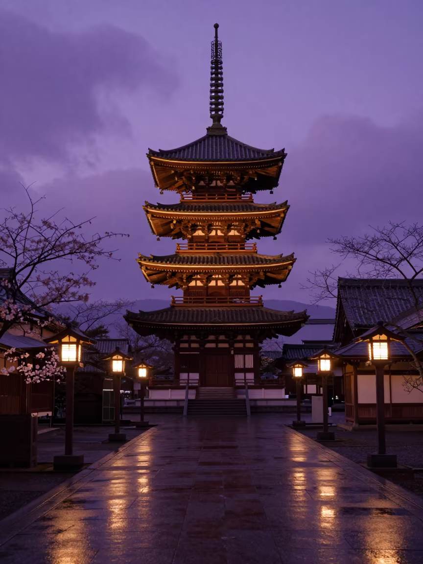 Hokkaido Temple Bell Tower Twilight Reflection in in a lantern-lined temple precinct in Hokkaido