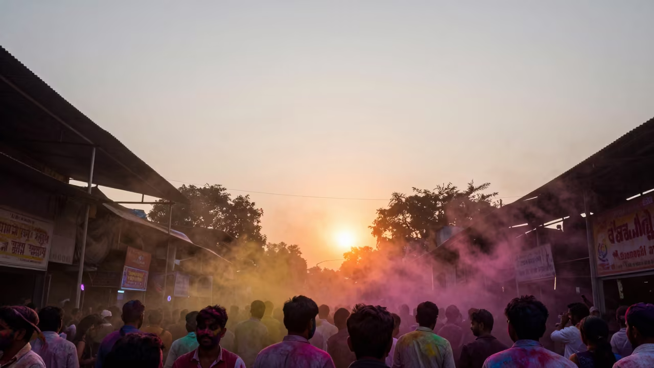 Holi Colored Powder Cloud Sunset Worli Market in at a night market near Worli, Mumbai