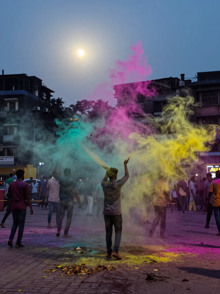 Holi Powder Cloud Before Dawn in Kolkata Square in at a public square during a festival in Kolkata