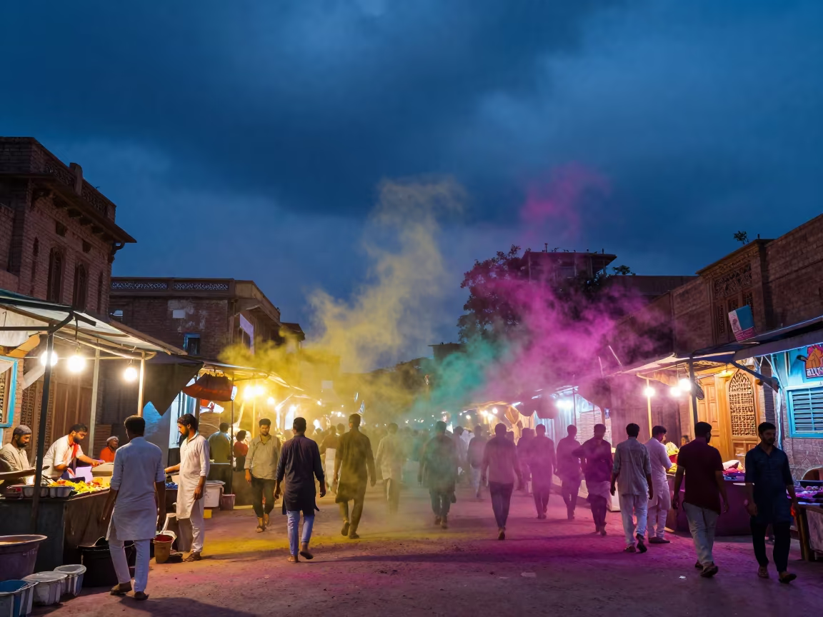 Holi Powder Cloud at Delhi Night Market in at a night market in Nizamuddin, Delhi