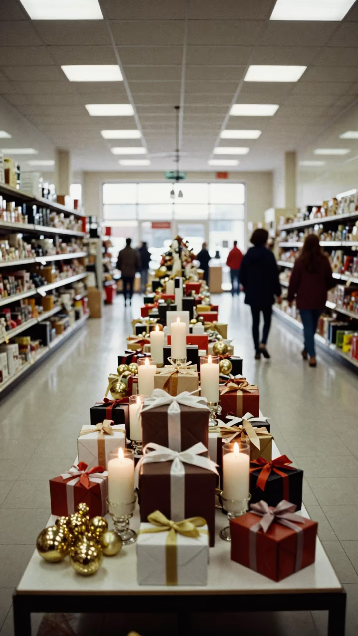 Holiday Candles and Ornaments on Retail Table in at a checkout lane under flat store light in Masvingo
