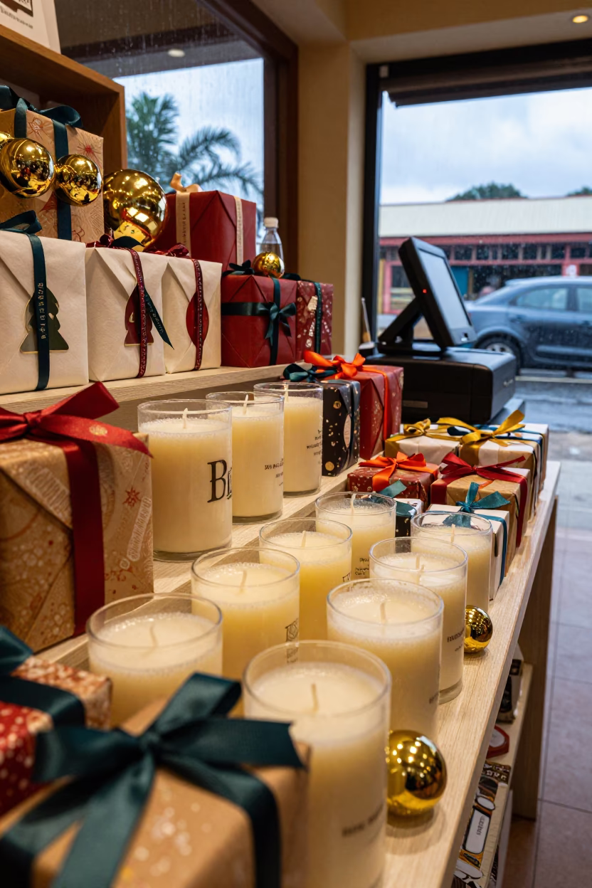 Holiday Candles and Ornaments on Retail Table in at a checkout lane under flat store light in Eldoret