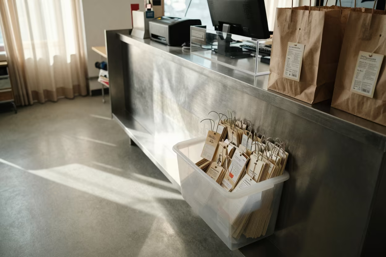 Holiday Hold Shelf Tags on Cash Wrap Counter in at a cash wrap counter with bags stacked nearby in Nampo
