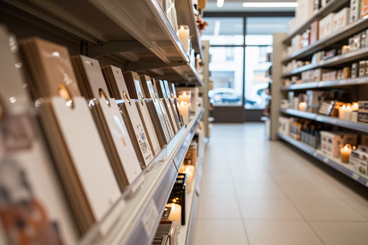 Holiday Shelf Tag Box in Bratislava Store in inside a bright retail aisle in Bratislava