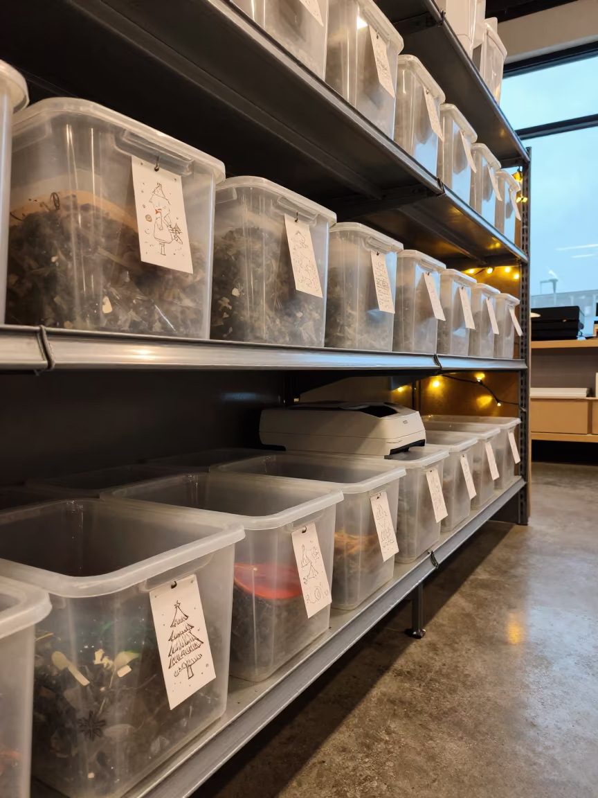 Holiday Shelf Tags in Stockroom Before Dawn in inside a stockroom behind the sales floor in Nellore