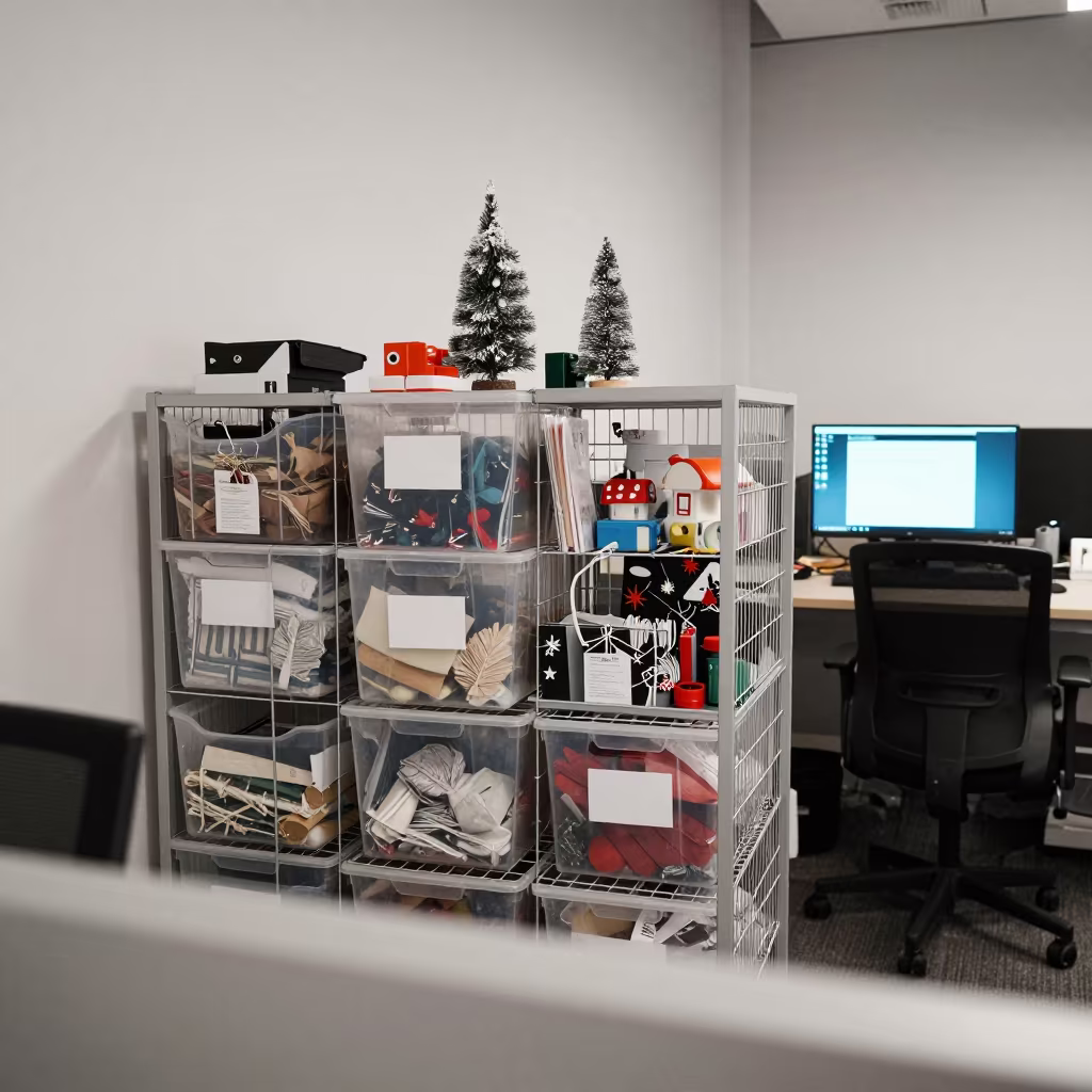 Holiday Storage Cage in Helsinki Office in in an operations center under monitor glow in Helsinki