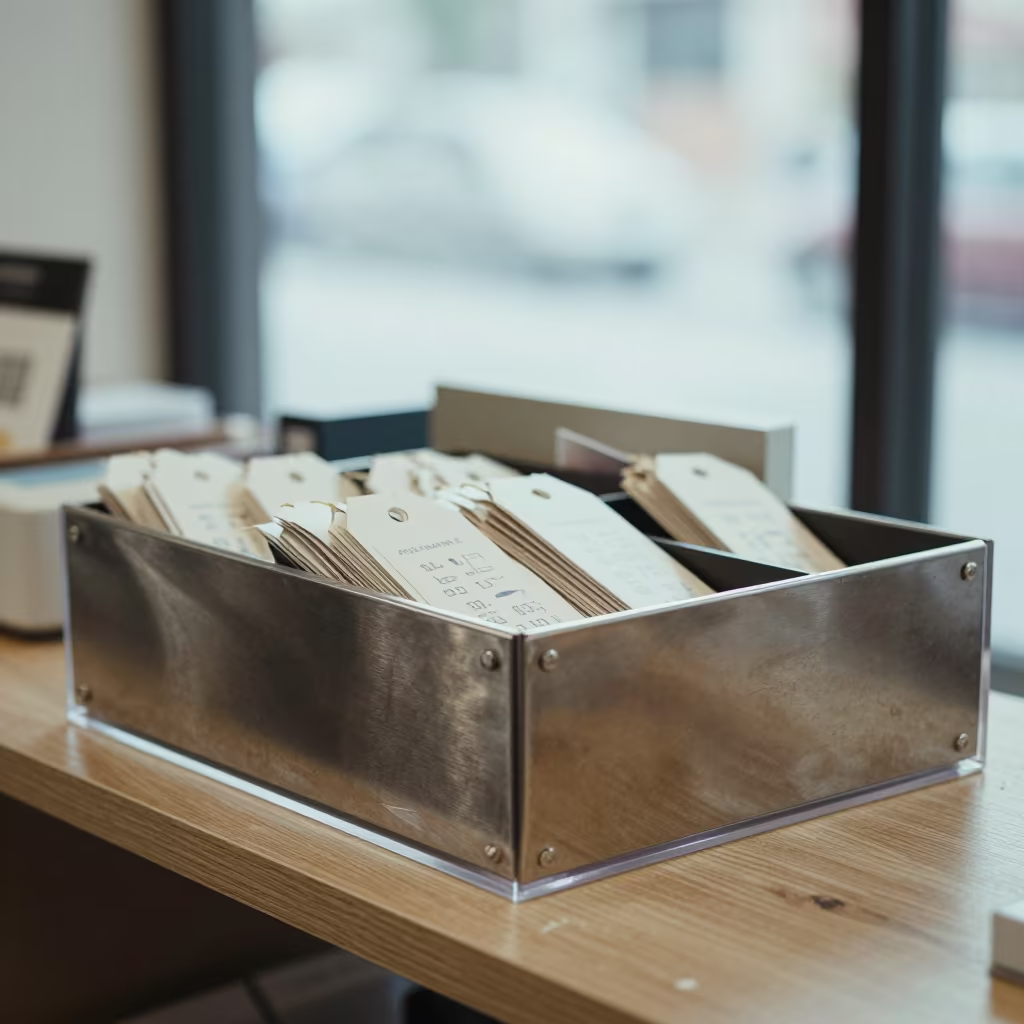 Holiday Tag Box on Algiers Checkout Counter in at a checkout lane under flat store light in Algiers