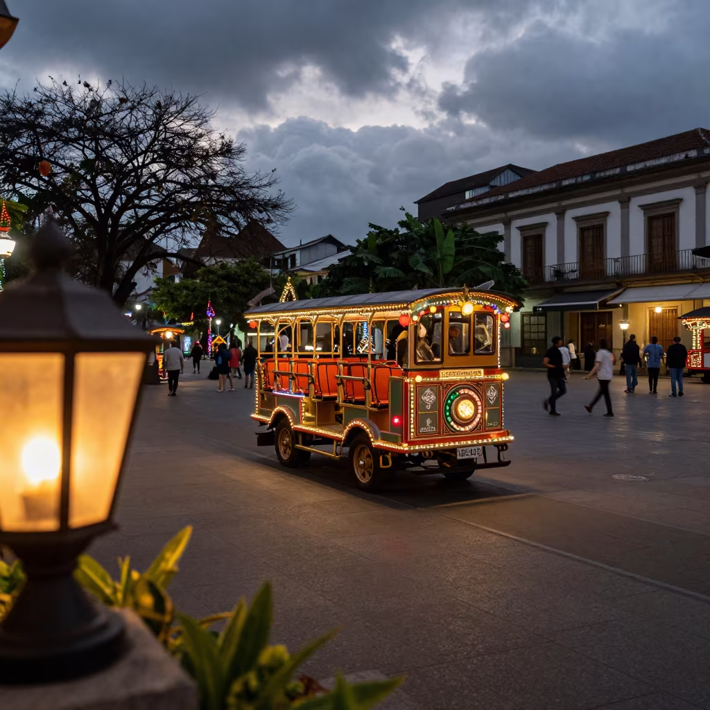 Holiday Trolley in Manila Night Square in at a public square during a festival near Poblacion, Manila