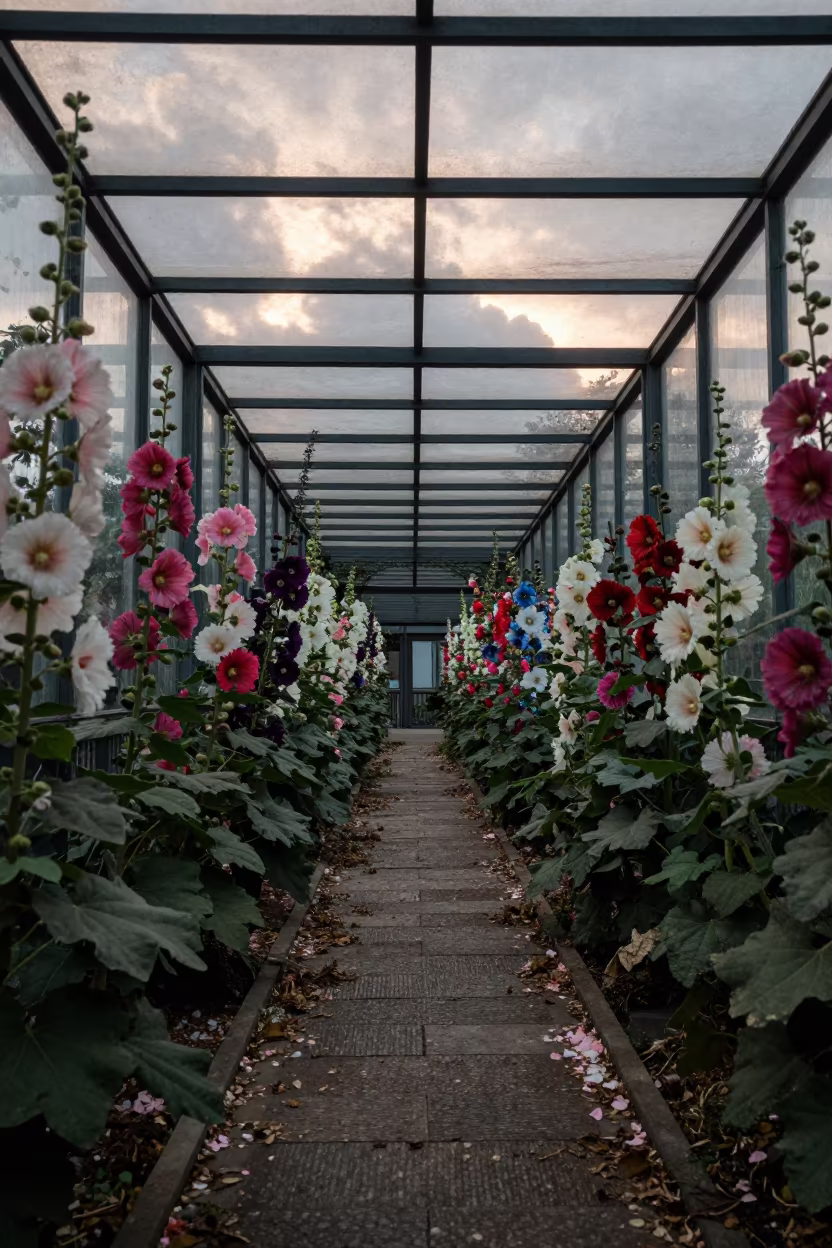 Hollyhock Alley in Glass Arcade Near Ningbo in inside a glass-roofed arcade near Ningbo