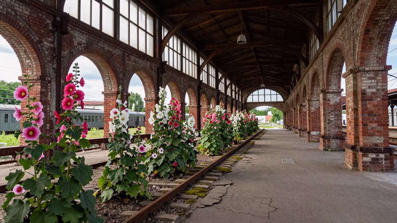 Hollyhock Alley in Restored Train Terminal in inside a restored train terminal near Prizren