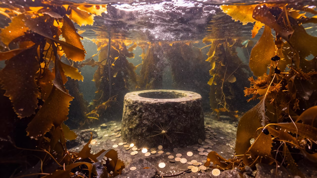 Holy Well Coins Glinting Under Kelp in Durban in through a forest of kelp fronds near Durban