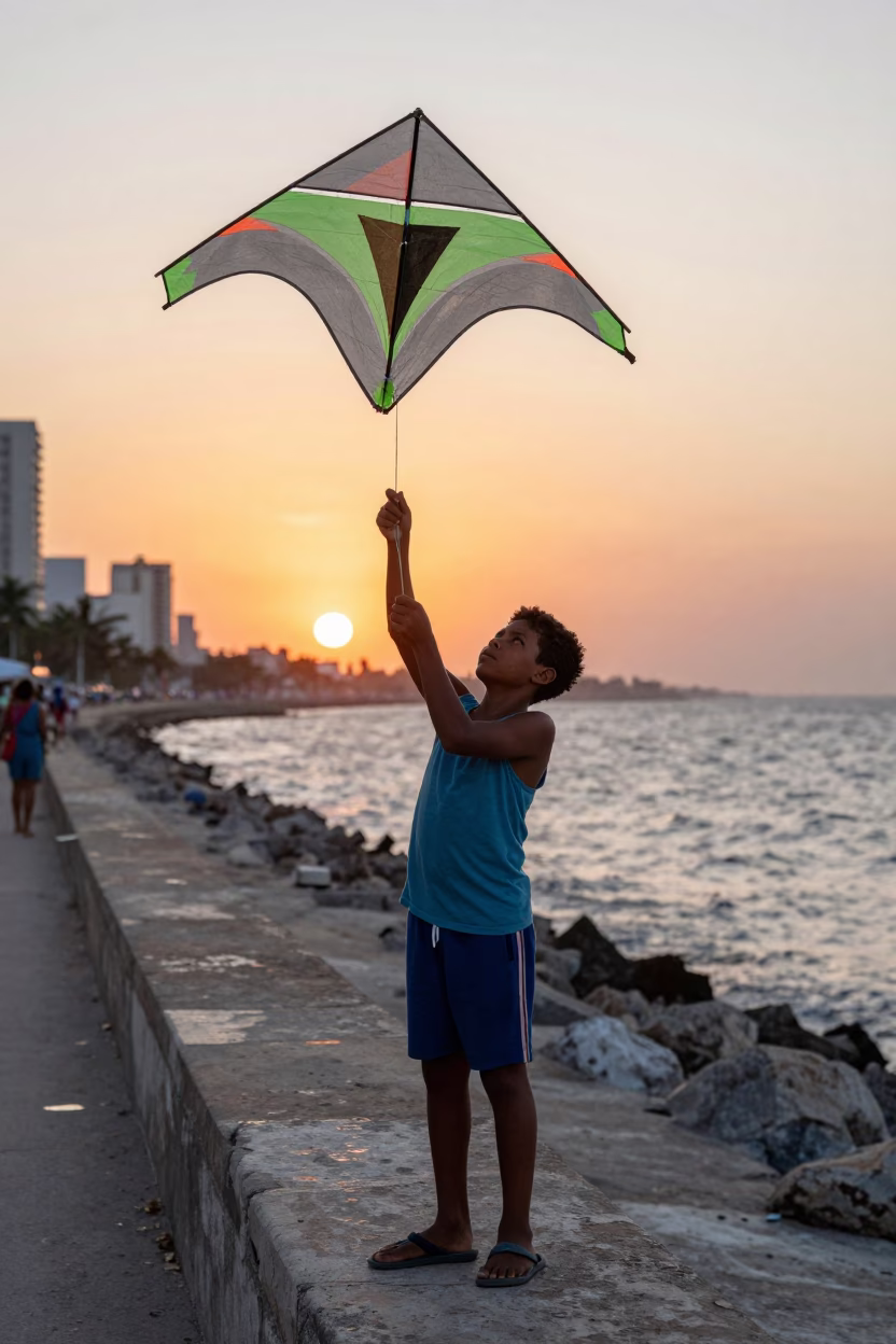 Homemade Kite in Havana at As The Sun Drops Toward The Horizon in in Havana, Cuba