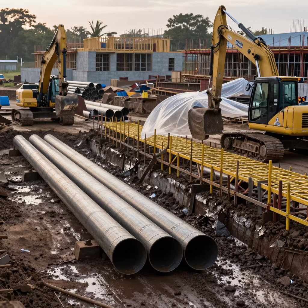 Honduras Pipe Yard Dawn Construction Site in beside a framed building shell in Honduras