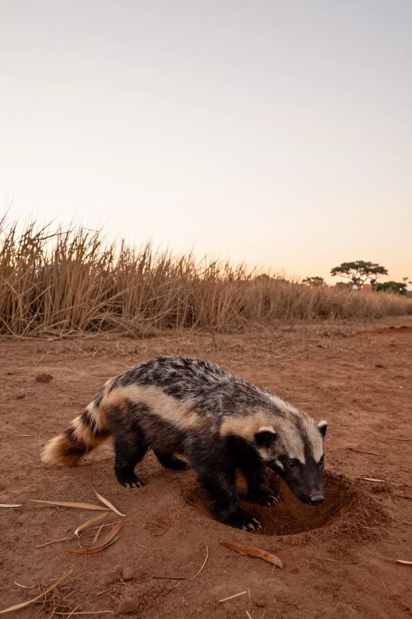 Honey Badger Digging Dry Earth Near Brasilia in at the edge of a reed bed near Brasilia