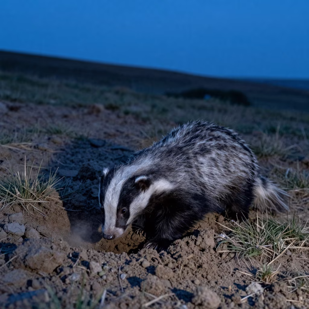 Honey Badger Digging on Yorkshire Ridge at Twilight in on a wind-scoured ridge in Yorkshire
