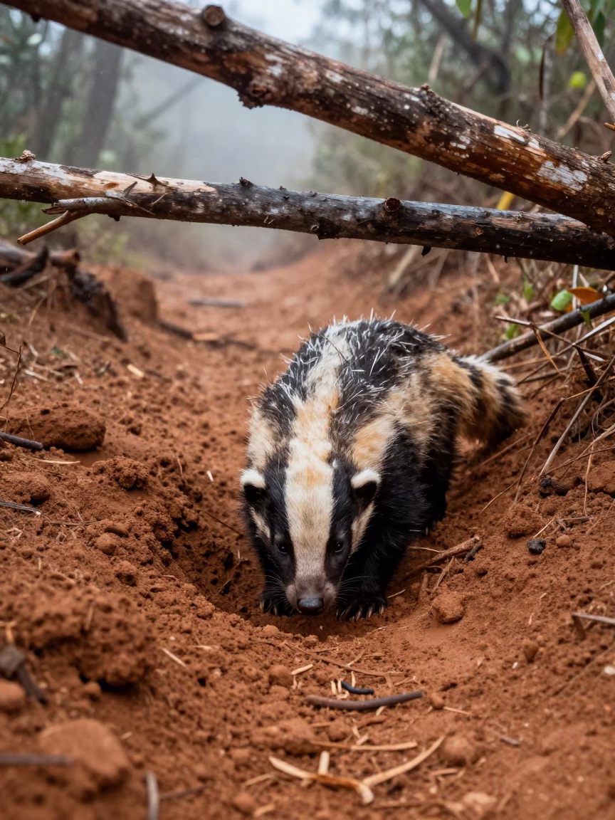 Honey Badger Digs Along Guatemala Trail in along a game trail in Guatemala