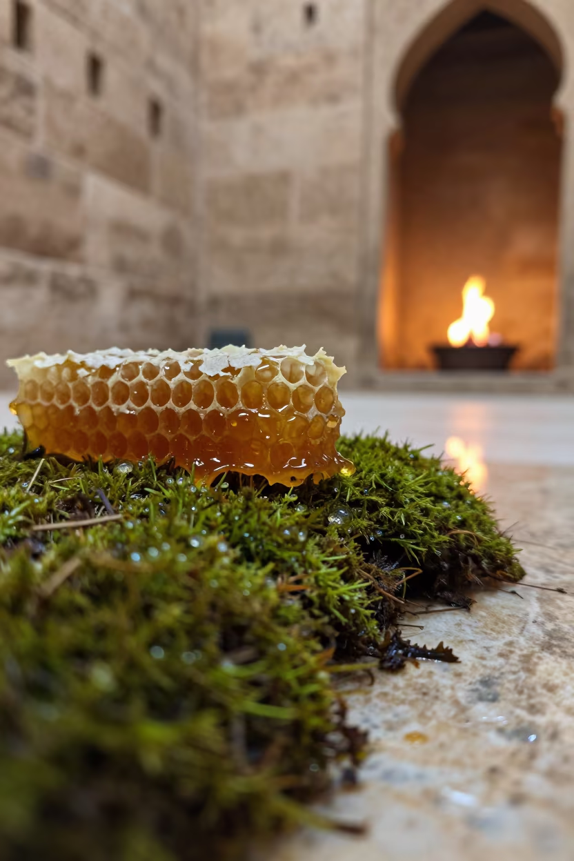 Golden Honey Oozing from Cells on Moss in on dew-soaked moss in Sanaa