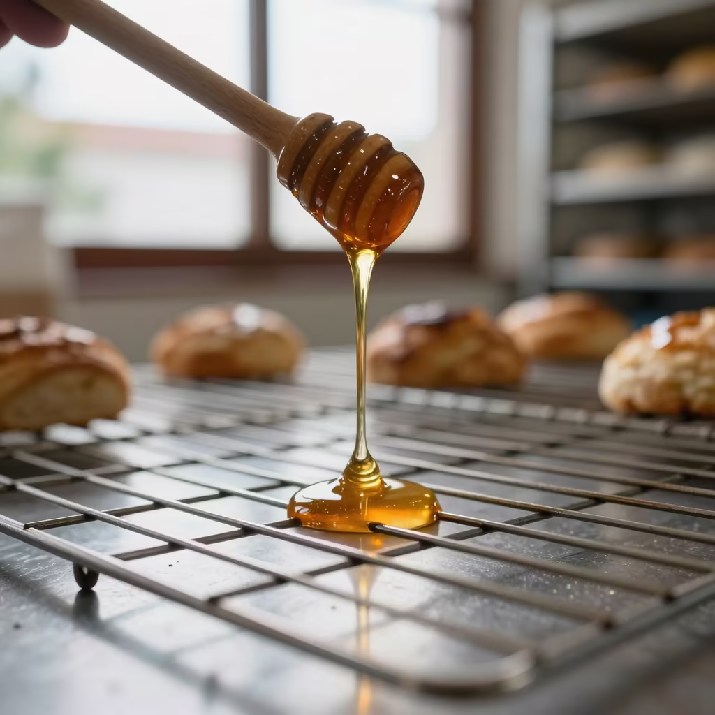 Golden Honey Dripping on Bakery Rack in Quito in on a bakery cooling rack in Guapulo, Quito