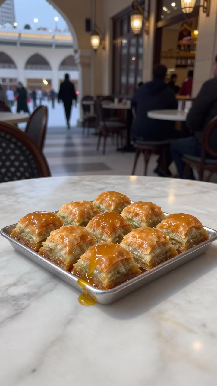 Honey Dripping Baklava on Marble Table in Mecca in on a marble cafe table in Mecca