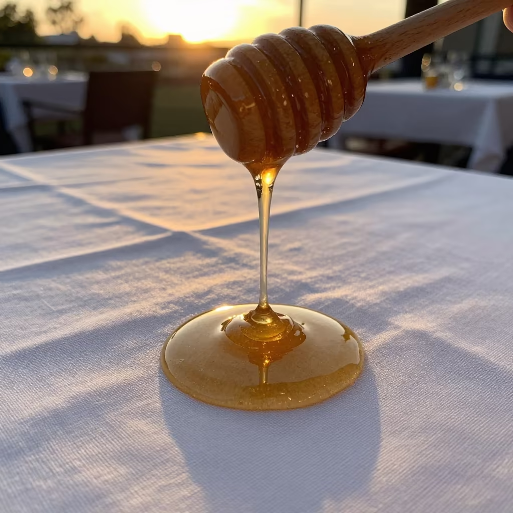 Golden Honey Dripping from Dipper on Linen Table in on a linen-covered restaurant table in Perth