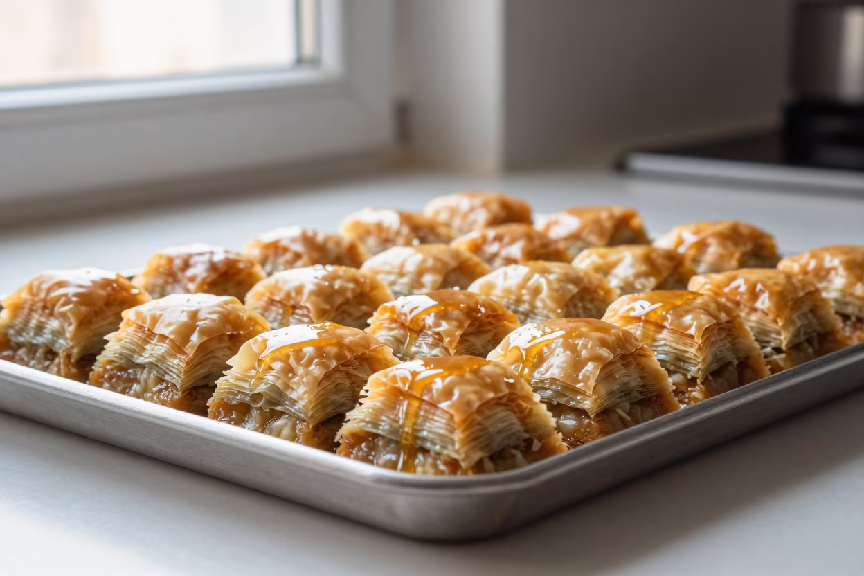 Honey Dripping Turkish Baklava on Kitchen Counter in on a kitchen worktop in Khushab