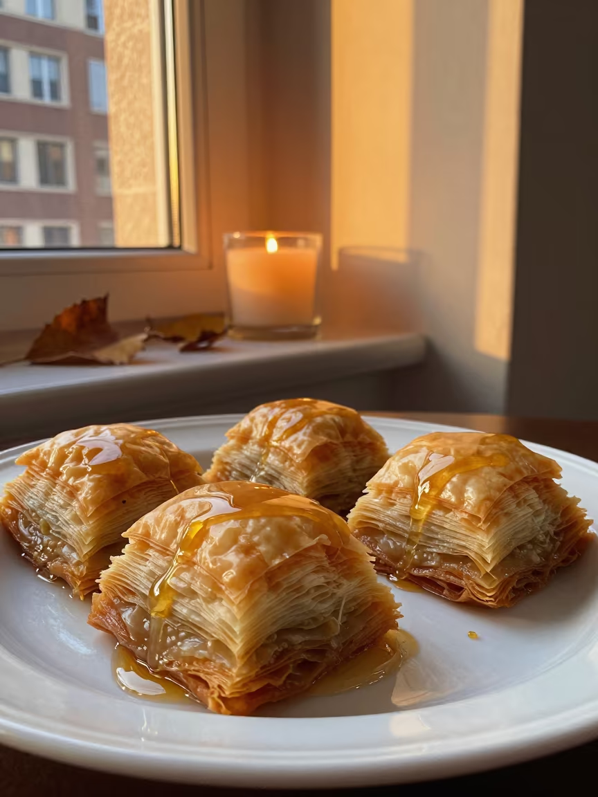 Honey Dripping Turkish Baklava Sunset Shanghai in on a ceramic plate by a window in Shanghai