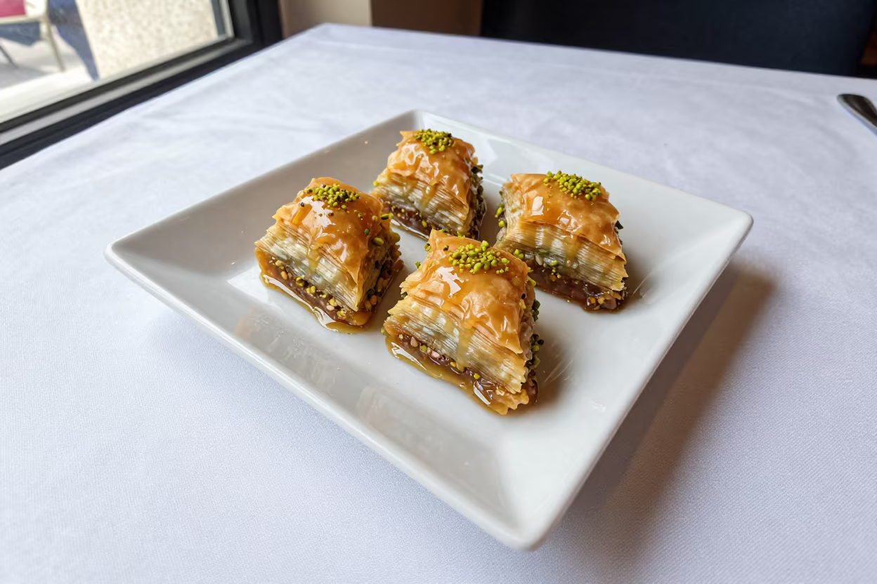 Honey Dripping Turkish Baklava Tray Athens in on a linen-covered restaurant table in Thisio, Athens