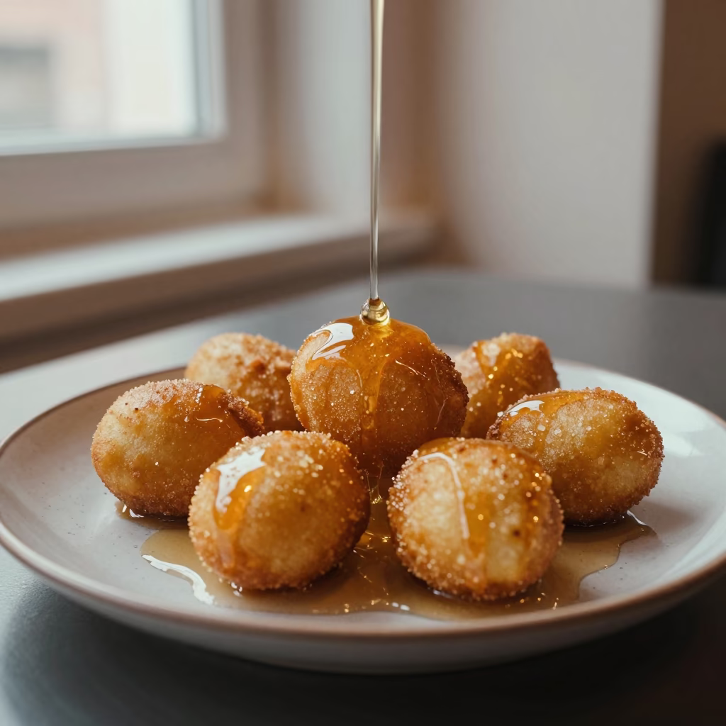 Honey Drizzled Loukoumades on Ceramic Plate in on a ceramic plate by a window in Helwan