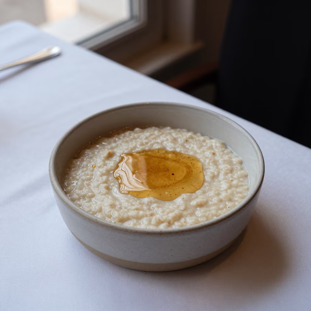 Honey Drizzled Porridge Dawn Vienna Restaurant in on a linen-covered restaurant table in Spittelberg, Vienna