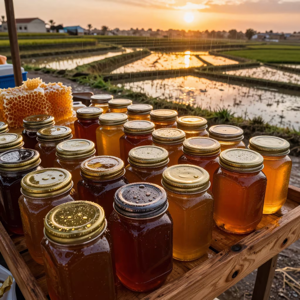 Honey Jars and Comb in Agadir Paddies in among terraced rice paddies in Agadir