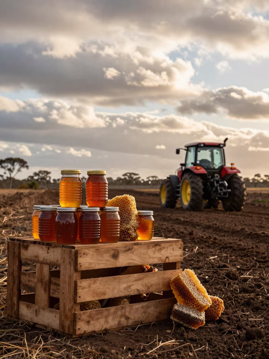 Honey Jars and Comb on Farm Market Soil in beside a tractor track through dark soil in New South Wales