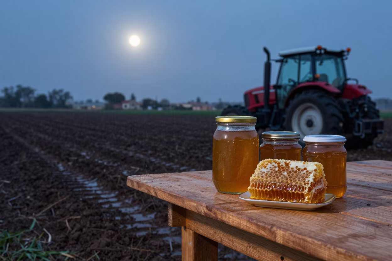 Honey Jars and Comb at Night Market in beside a tractor track through dark soil in Spain