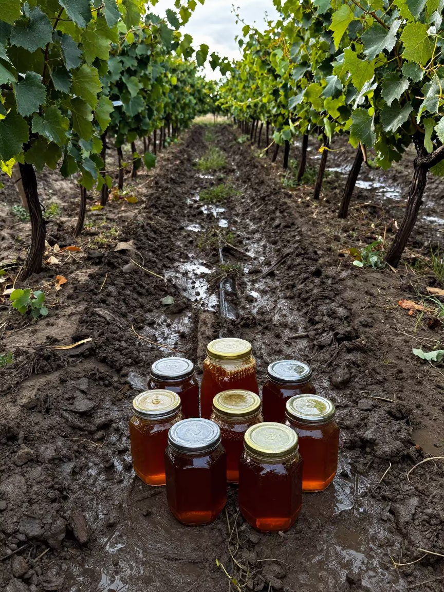 Honey Jars and Comb on Wet Farm Market Soil in between vineyard trellises near Samarkand