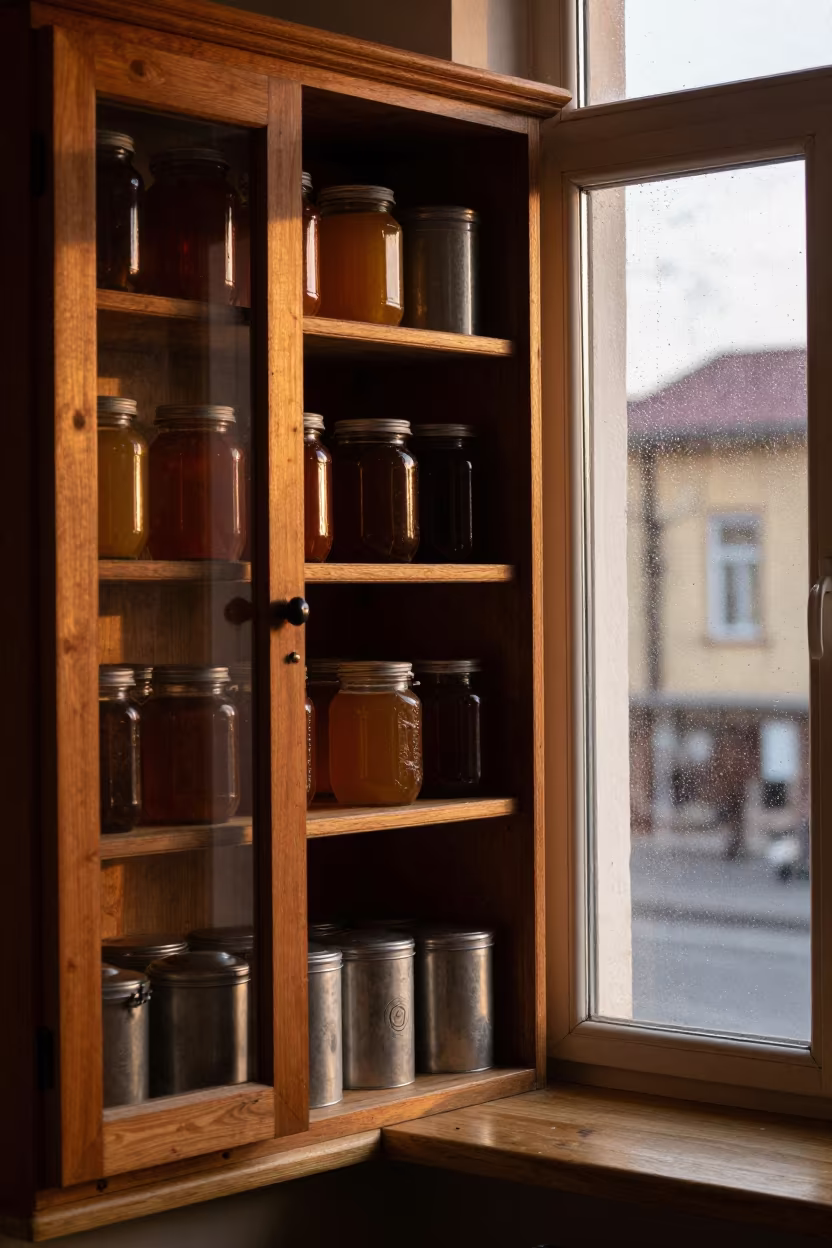 Honey Jars Flour Tins Rain Window Sololaki in beside a rain-streaked window in Sololaki, Tbilisi