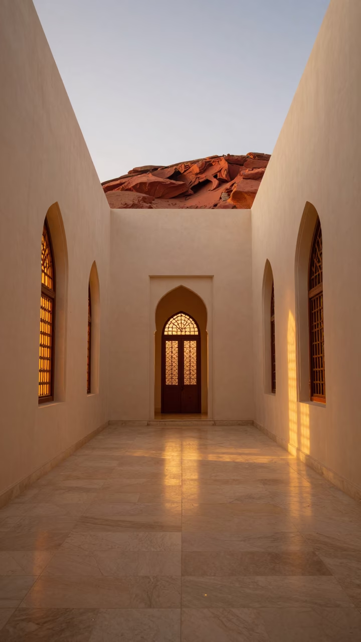 Honey Light in Abu Dhabi Desert Monastery Cloister in inside a quiet cloister passage in Abu Dhabi