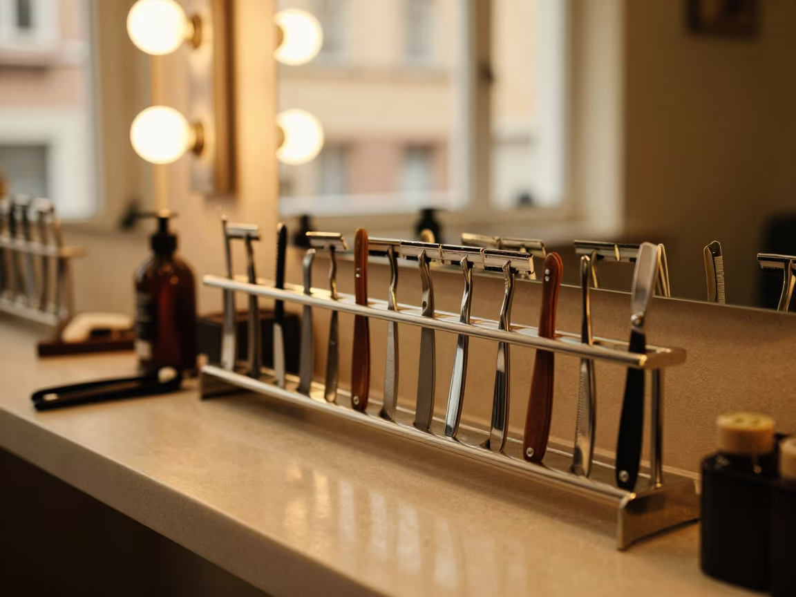 Honey Light Barber Blade Bank Close-Up in at a barber station beneath mirror bulbs near Nuremberg